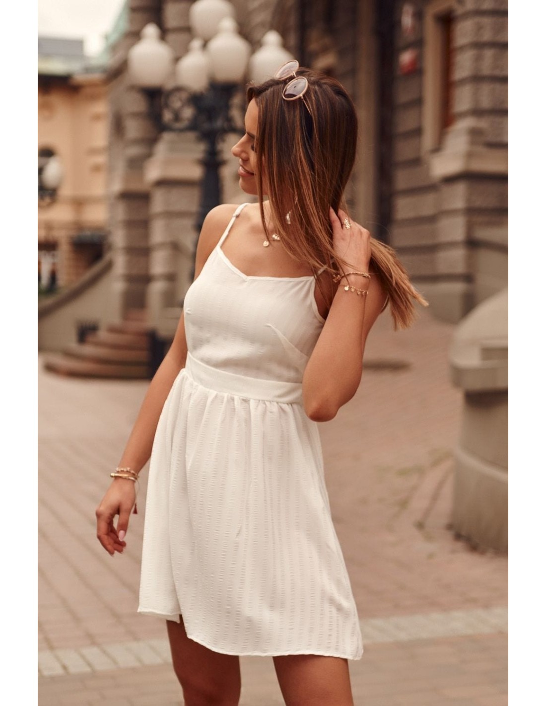 Striped dress tied at the back, cream PR3202 - Online store - Boutique